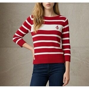 Lauren Ralph Lauren‎ Sweater Womens XL Red White Striped Nautical Anchor Preppy